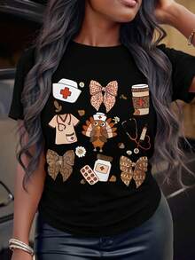 Women's Nurses Thanksgiving Cartoon Graphic T-Shirt With A Casual Crew Neck And Short Sleeves. It's Made Of Low-Stretch Cotton For Spring, Summer, And Fall. It's A Regular Length, 220g.