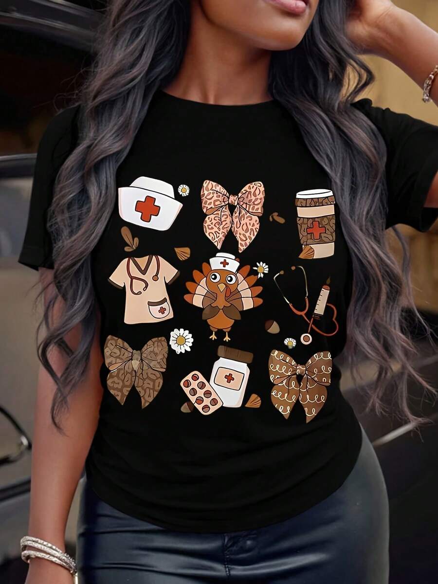 Women's Nurses Thanksgiving Cartoon Graphic T-Shirt With A Casual Crew Neck And Short Sleeves. It's Made Of Low-Stretch Cotton For Spring, Summer, And Fall. It's A Regular Length, 220g.
