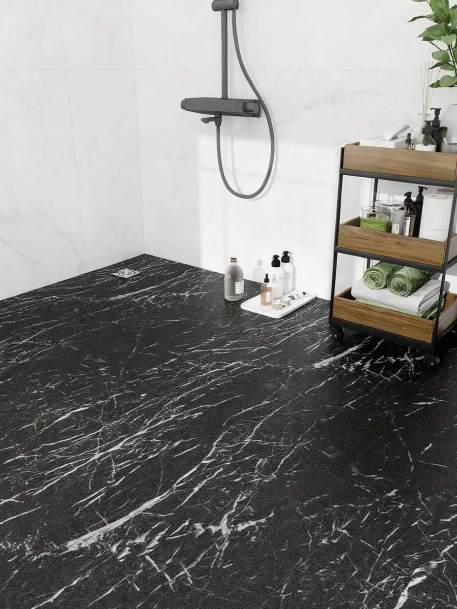 1 rollo de 40 cm de ancho Pegatina de piso autoadhesiva duradera con efecto de piedra de mármol negro, impermeable y antideslizante, para renovación de piso DIY, decoración del hogar adecuada para pisos del hogar