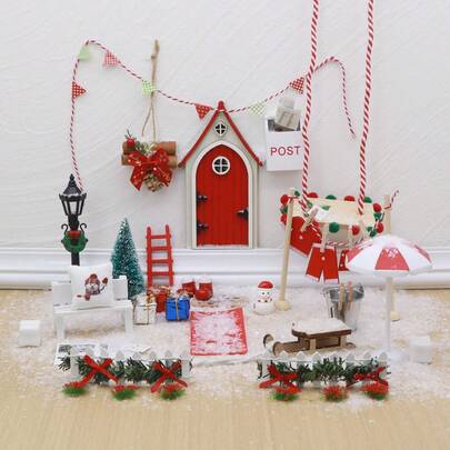 Conjunto de mini porta de jardim de elfos e fadas de Natal, decorações de Natal em miniatura, modelos de adereços de cena, decoração de casa de bonecas, acessórios BJD, decoração de Natal