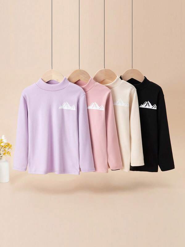 4 قطع/مجموعة بيجامات فتيات شابات مطبوعة بطبعة جبلية، بيجامات ناعمة مريحة من الفليس السميك، بلوزات بأكمام طويلة وياقة عالية، بدلة ملابس داخلية دافئة للخريف/الشتاء