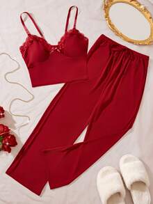 Set de 2 piezas de lencería elegante y sexy para mujer de unicolor, con copas triangulares, tirantes ajustables, adorno de encaje y lazo, y pantalones con cordón en la cintura, un cómodo conjunto de pijama