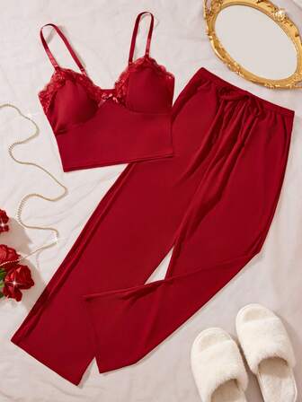 两件套新款纯色优雅女士性感内衣，三角罩杯，可调节肩带，蕾丝花边蝴蝶结装饰，抽绳腰带裤，舒适睡衣套装