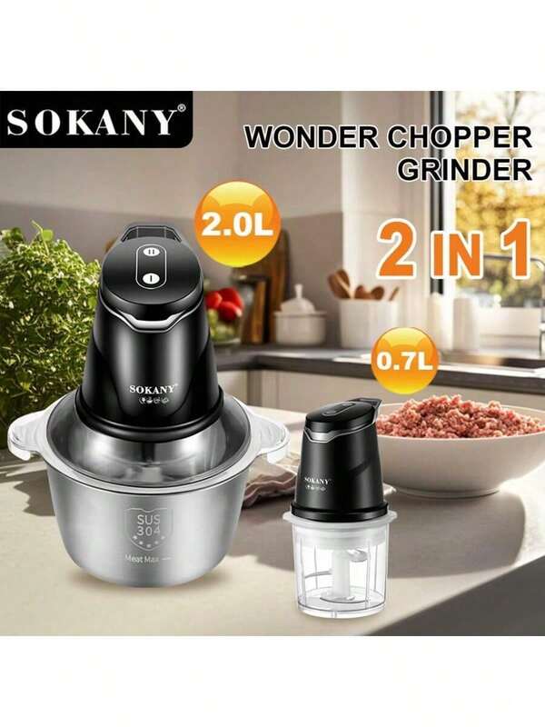 SOKANY SOKANY 06028 Picadora de carne multifuncional para el hogar 2 en 1, procesador de alimentos complementario, batidora, cortadora de verduras. Incluye 2L de host + 0.7L de picadora. 400W de alta potencia, regulación de velocidad de 2 velocidades. Cuchilla de doble capa de 4 hojas. Material de acero inoxidable. Adecuado para batidoras de alimentos, picadoras de carne, trituradoras de ajo, cortadoras de verduras, procesadores de alimentos inalámbricos para picar jengibre, pimientos, frutas, carne para el hogar y restaurantes