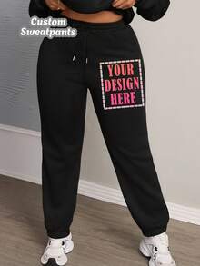 Women's Plus Size Sweatpants - Customize Your Sweatpants, Add Your Photo/Design, Create Your Own Exclusive Pants, Plus Size Fleece Pants, Pants Black - Black - View 1