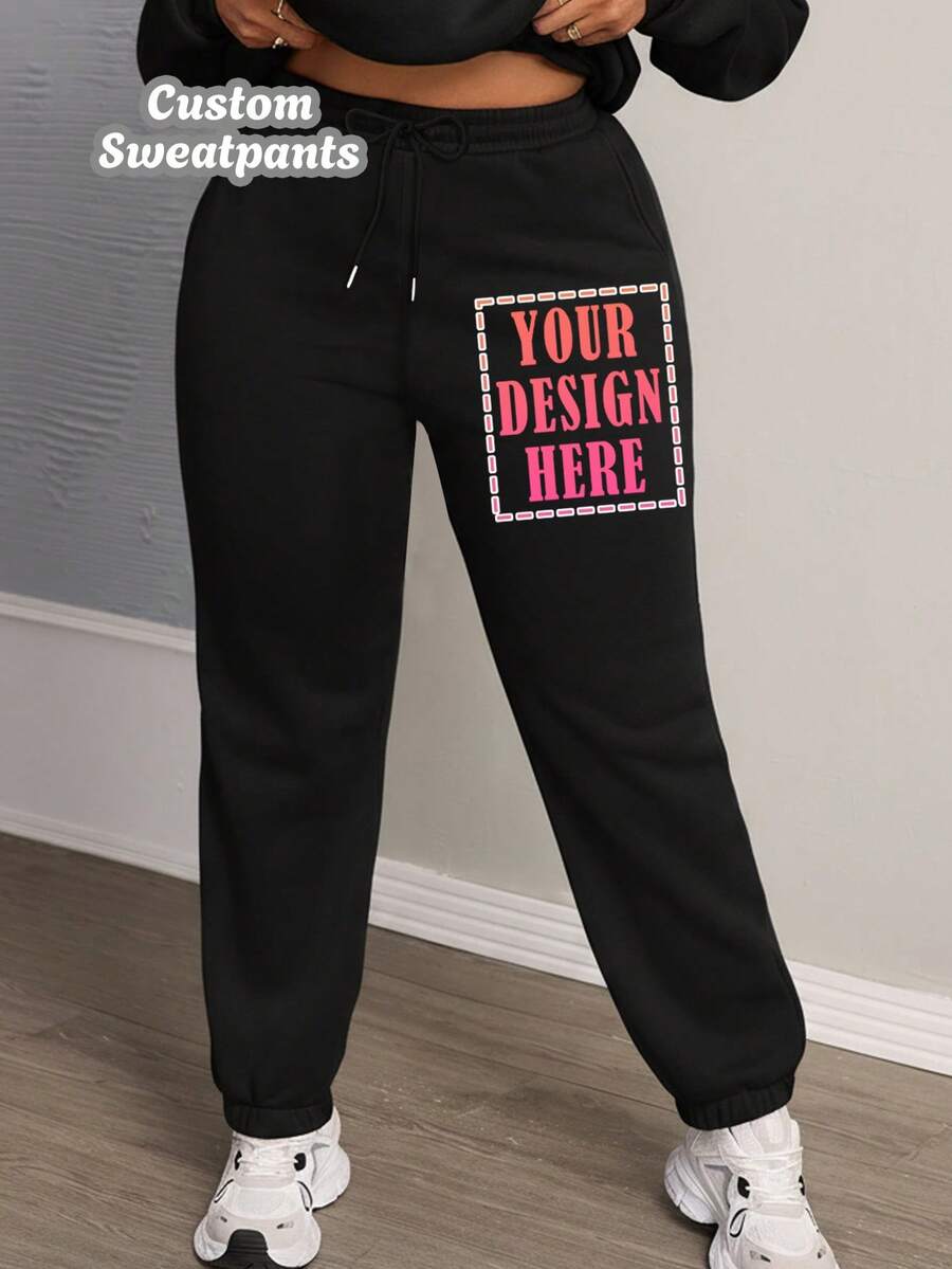 Women's Plus Size Sweatpants - Customize Your Sweatpants, Add Your Photo/Design, Create Your Own Exclusive Pants, Plus Size Fleece Pants, Pants Black - Black - View 1
