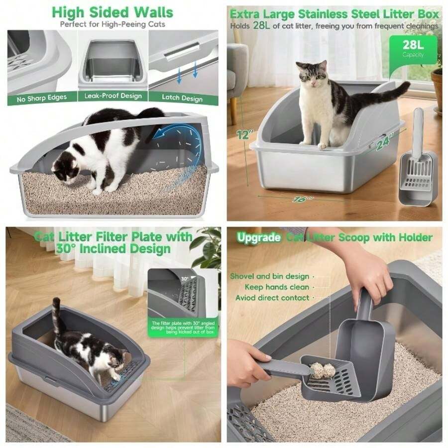 Paquete de 2 cajas de para gatos de acero inoxidable con tapa, XL extragrande para gatos grandes, 24 pulgadas de largox 16 pulgadas de anchox 12 pulgadas de alto, caja de de metal de - Gris oscuro y gris claro - Ver 1