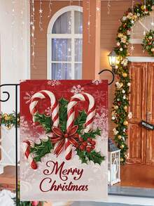 1 pièce Drapeau de jardin Candy Cane de Noël joyeux (mât de drapeau non inclus), bannière de cour double face avec houx et baies festives, design résistant à la décoloration, décoration saisonnière d'extérieur/intérieur pour jardin, patio ou maison, décorations de Noël d'extérieur, décoration de patio, design de paysage enneigé