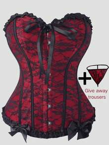 Corset, Body Shaping Top, Black And Red Lace Bow Design, Fashionable And Versatile, Suitable For Daily Wear, Masquerade, Christmas Gift, Women's Corset, Women's Corset Top. (With Free Pants) - Red - View 6