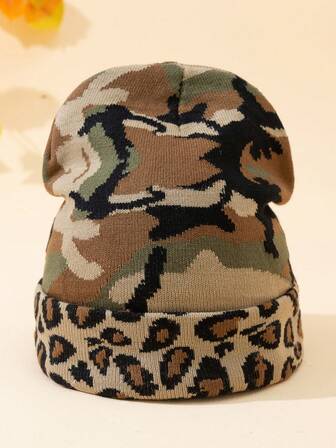 1pc Unisex Jacquard Camouflage Leopard Reversible Knit Beanie Hat, Warm & Fashionable For Autumn, Casual Wear & Outdoor Activities