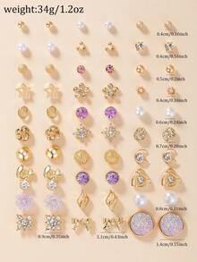 30 对银色金属水钻珍珠心形、叶子、花朵、字母耳钉套装，适合女士 - 彩色 - 查看 7