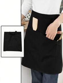 1 pieza Delantal de cocina, delantal de chef para hombres y mujeres con bolsillos grandes, delantal de cintura con 2 bolsillos - Delantal corto negro para camareros y camareras, de lona con espalda cruzada, resistente y ajustable, para camareros, cocina, baño, hogar, proveedores domésticos