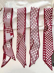 4件套女士酒红色几何波点印花围巾和发带，休闲优雅日常约会百搭礼品包装，优雅发饰，保暖发带，女士头巾，女士围巾 - 酒紅色 - 查看 9