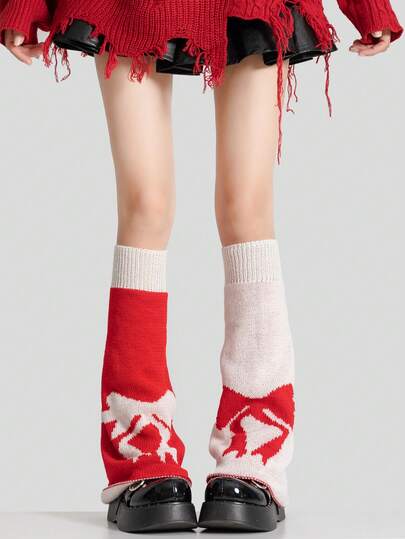 1 par de calentadores de piernas de punto de doble cara con decoración de lazo para mujeres, cálidos y estilizadores, gruesos para el invierno