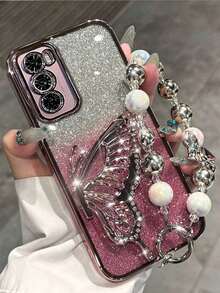 (带手链) 豪华蝴蝶支架手机壳，防尘厚边保护套适用于三星 Galaxy S24 Ultra/S24 Plus/S24、S23 Ultra/S23 Plus/S23、S22 Ultra/S22 Plus/S22、S21 Ultra/S21 Plus/S21 FE、S20 Ultra/S20 Plus/S20 FE、OPPO A5x/C1 2 3 4 5 6 7 8 9/9 8 7 6 5 4 3 2 1 - 粉色 - 查看 1