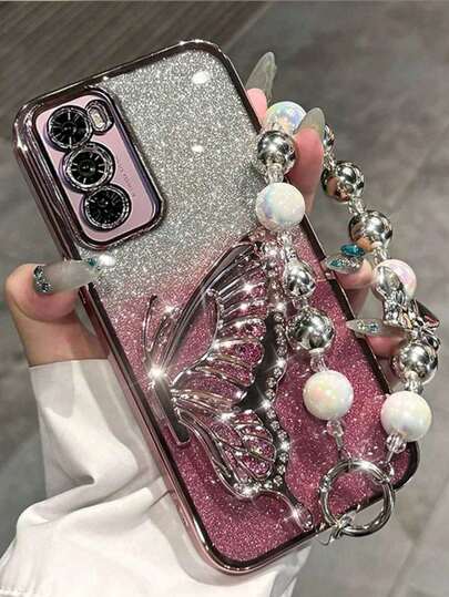 (Z bransoletką) Luksusowe etui na telefon z podstawką w kształcie motyla, pyłoszczelne, z grubą ochroną krawędzi do Galaxy S24 Ultra/S24 Plus/S24, S23 Ultra/S23 Plus/S23, S22 Ultra/S22 Plus/S22, S21 Ultra/S21 Plus/S21 FE, S20 Ultra/S20 Plus/S20 FE, OPPO A5x/C1 2 3 4 5 6 7 8 9/9 8 7 6 5 4 3 2 1