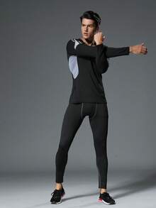 Men's Black Compression Activewear 3-Piece Set Long Sleeve Leggings Shorts Quick Dry Breathable Running Gym Cycling Workout Gear - Grey - View 3