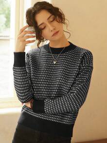 Knit Mix 優雅女款秋冬法式時尚日常居家休閒通勤針織圖案圓領長袖套頭毛衣上衣 - 黑色 - 查看 7