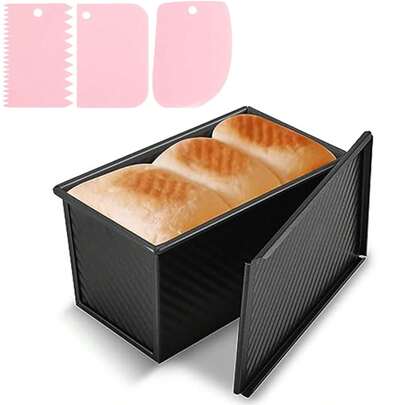 1lb Capacity Non-Stick Bread Baking Pan With Lid & Serrated Scraper, Carbon Steel Wavy Bread Toast Loaf Mold, Black & Gold