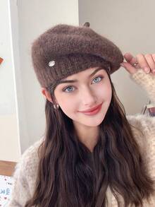 1pc Women's Classic Fuzzy Beret Hat, Knitted Solid Cloud Beanie, Fine Fleece Painter Cap, Casual Style Newsboy Hat, Suitable For Autumn/Winter Daily Wear, Walkable, Shopping