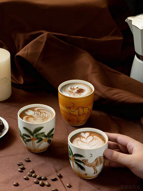 1pc Hand-Painted Middle Eastern Style Cup, Palm Tree Cup, Camel Coffee Cup, Ceramic Mug, Suitable For Cafe, Restaurant, Can Hold Cookies, Butter, Cake, Ice Cream