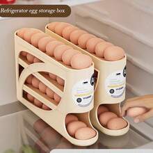Automatic Rolling Egg Dispenser Organizer For Refrigerator, 4-Tier Space-Saving Egg Holder Tray, Holds 28 Eggs, Durable Plastic Egg Storage Rack For Fridge, Counter, Kitchen Cabinet - Beige - View 10