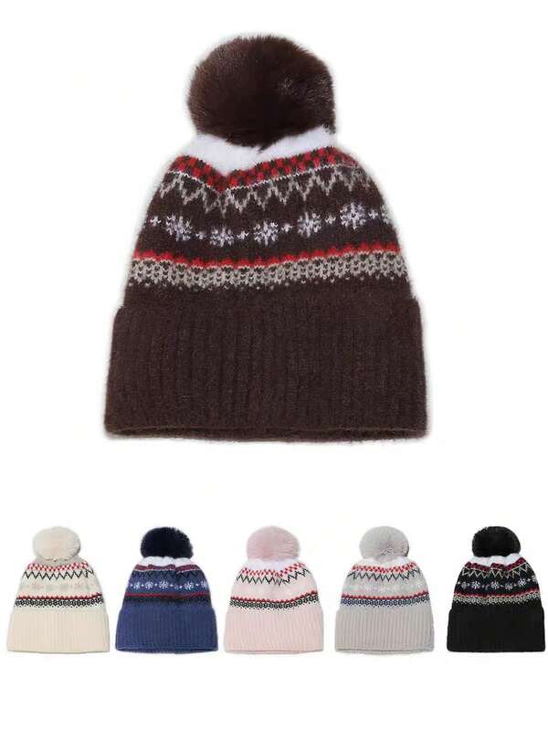 1 szt. Unisex Retro Geometryczna Żakardowa Ciepła Podszewka Gruba Dzianinowa Czapka Beanie z Pomponem, Nadaje Się Do Codziennego Użytku Na Zewnątrz Zimowa Odzież
