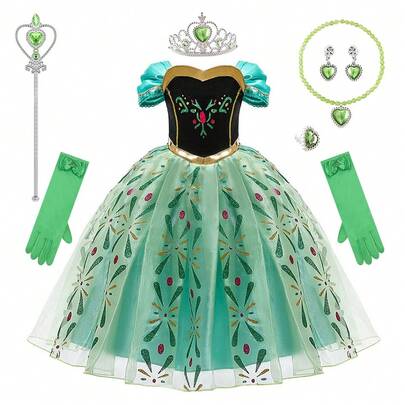 9pcs/Set Patterned Green Short Sleeve Girls Dress Accessories Set, Children Costume For Role Play, Halloween, Birthday