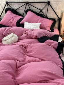 Set Sprei Lembut 3 Buah (1 Sarung Selimut + 2 Sarung Bantal), Warna Krem Merah Muda dengan Hiasan Rumbai, Cocok untuk Kamar Tidur & Kamar Tamu, Sepanjang Musim, Dapat Dicuci dengan Mesin - Hot Pink - View 8