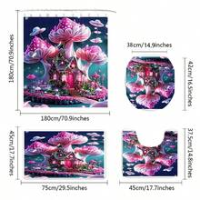 Juego de 1/4 piezas de cortina de ducha con estampado de castillo de setas rosas, cortina de ducha impermeable con ganchos, alfombra antideslizante, alfombra para tapa de inodoro y alfombra en forma de U, juego decorativo completo para el baño, accesorios de baño