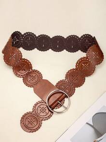 1pc Women's Vintage Round Hollow Geometric Pattern PU Leather Casual Jeans Belt, Suitable For Autumn, Halloween