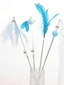 3 包弹力猫棒玩具趣味互动毛绒猫钓鱼杆玩具带铃铛柔软天然木质小猫逗猫棒适用于室内猫咪小猫无聊猫咪（款式随机发货） - 藍色 - 查看 2