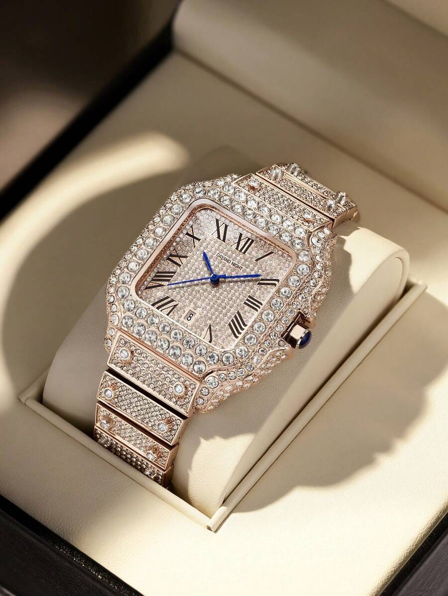 DAYAND NIGHT Premium Luxury Diamond Wristwatch, Fashionable Elegant Quartz Watch For Men And Women, Suitable For Business Or Casual Wear. Perfect Gift For Valentine's Day, Anniversary Or Birthday. Bestseller, Iced Out Moissanite Roman Watch - Nhiều màu - Xem 1