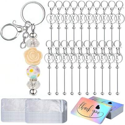 15/30/60 Pcs Beadable Keychain Bars Resealable Pouch Bag And Thank You Cards Set Include 5/10/20 Beaded Keychain 5/10/20 Packaging Pouch 5/10/20 Appreciation Cards For DIY Pendant Craft Jewelry