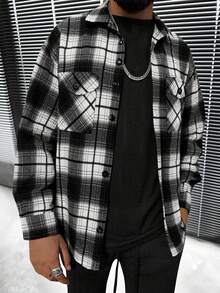 Chaqueta casual de hombre de franela a cuadros de manga larga, chaqueta gruesa y cálida adecuada para el trayecto diario, versátil para otoño/invierno - Blanco y Negro - Ver 1