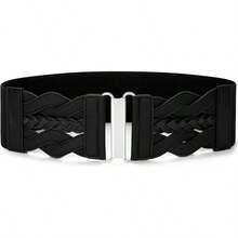 Vintage Stretchy Wide Elastic Belt With Gold Buckle For Women - 黑色(銀色扣) - 查看 1