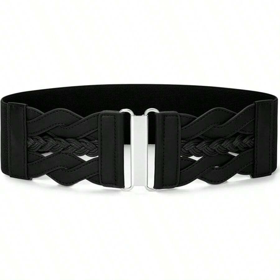 Vintage Stretchy Wide Elastic Belt With Gold Buckle For Women - 黑色(銀色扣) - 查看 1