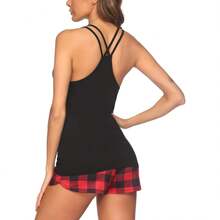 Women's Cami Pajama Set Sleeveless Racerback Tank Top Soft Sleepwear For 2025 - Red Plaid - View 4