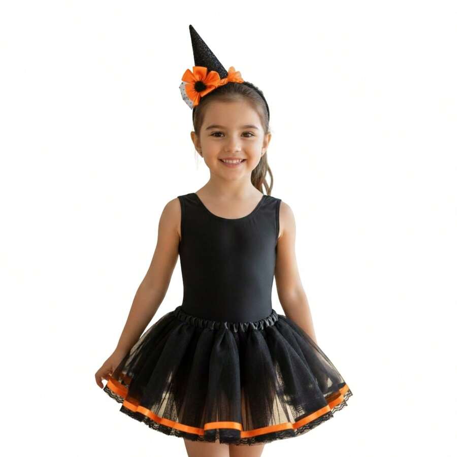 Conjunto Collant e Saia de Tule Bruxinha Infantil - Laranja - Visão 1