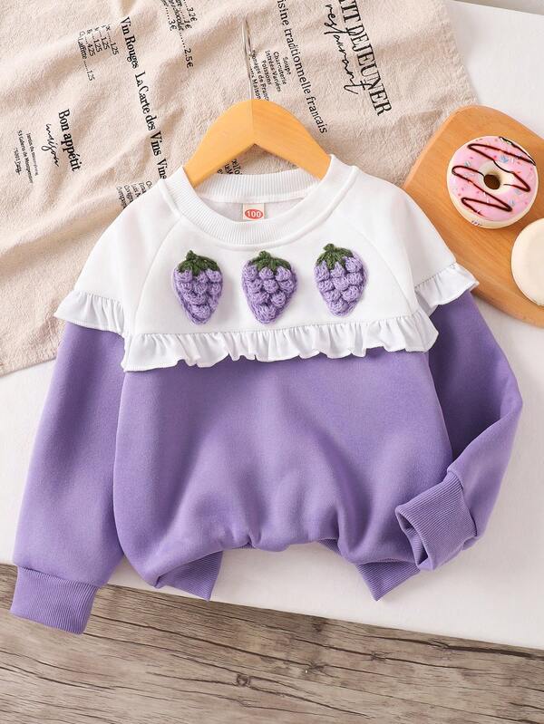 Girls' Fashion Cute Strawberry Print Shirt Sweatshirt, Children's Fleece Pullover Sweatshirt, Autumn New Arrival, Versatile Color Block Pleated Hem Adorable Sweatshirt