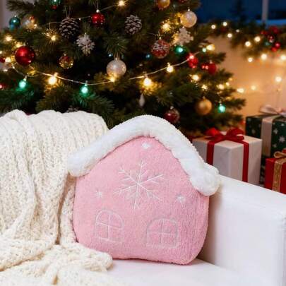 1 pezzo Cuscino natalizio a forma di casetta in morbido peluche rosa, decorazione natalizia, cuscino per la casa in occasione delle feste