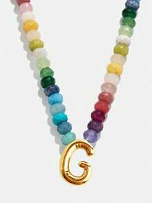 1pc Bohemian Style Colorful Natural Stone Beaded 26 Letter Copper Pendant Necklace, Suitable For Daily, Vacation, Travel, Casual Wear, Fashion Jewelry Gift For Family And Friends