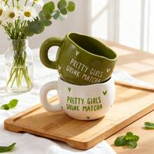 1/4个 285毫升/9.5盎司 心形抹茶陶瓷咖啡杯，不对称手工陶瓷抹茶杯，适用于咖啡、牛奶、果汁、拿铁、卡布奇诺，是送给朋友和爱人的完美礼物 - 彩色 - 查看 3