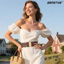 Vintage Stretchy Wide Elastic Belt With Gold Buckle For Women - 復古咖啡 - 查看 8