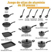 Juego de ollas de 30 piezas, juego de utensilios de cocina de aluminio antiadherentes de 30 piezas (con guantes), juego de ollas, juego de utensilios de cocina, que incluye cuatro tamaños diferentes de ollas, todas con tapas de vidrio transparente, varias formas de sartenes y bandejas para hornear, tapetes para ollas y guantes aislantes del calor para evitar quemaduras, el revestimiento antiadherente no requiere el uso de mucho aceite o mantequilla, reducción de grasa saludable, - Negro - Ver 9