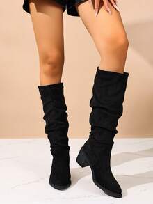 女式厚底尖头仿麂皮褶皱黑色及膝靴，春秋冬时尚 - 黑色 - 查看 3