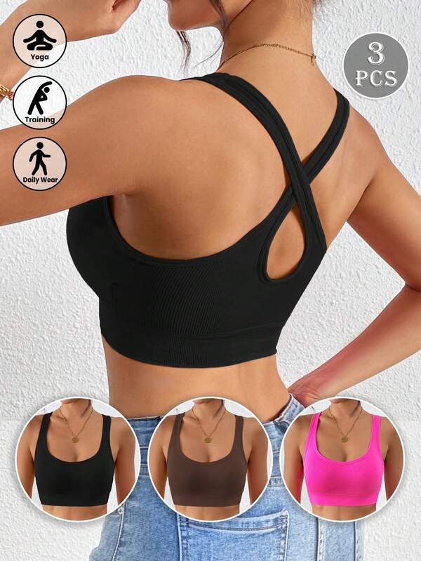 LianShengFa 3pcs Cross-Back High-Elastic Yoga Bra, Medium Support Shockproof Seamless Fitness Tank Top, Soft Wire-Free Sports Bra