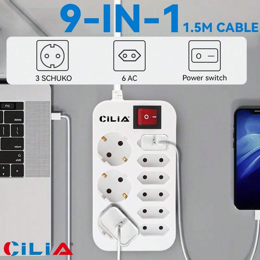 CILIA 1/2 Pcs EU-Germany Standard Power Board Power Strip,9 In 1,Multi-Outlet, 3 F Schuko, 6 AC Plug Ewith Switch 1.5M Cable,With Switch,Dorm Room Essentials College,Suitable For Home, Office, Hotel And Other Places - EU E Type Plug(220-240V) - View 1