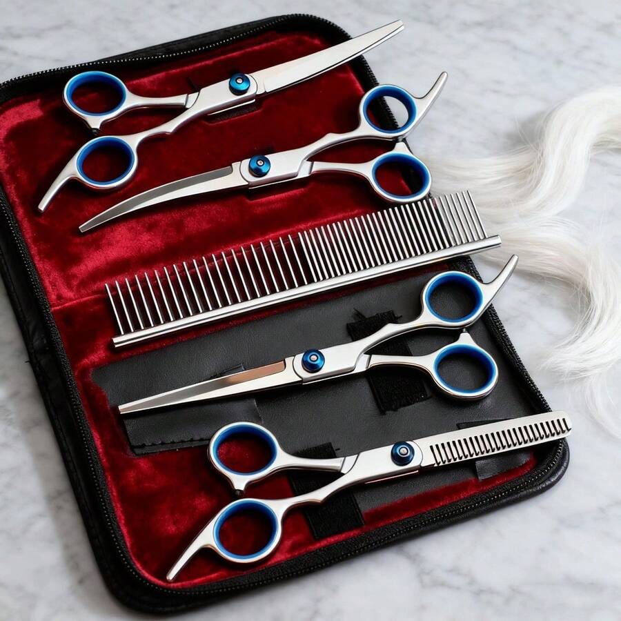 5 Pcs/Set Professional Pet Grooming Stainless Steel Scissors Set For Personal Use: Steel Comb, Flat-Tip Scissors, Nail Clippers, Hair Cutting Scissors Set - 5pcs/set - View 1