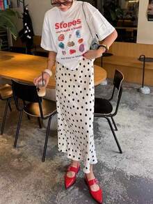 SOLTRB 女士休闲优雅波尔卡圆点印花休闲褶皱荷叶边/荷叶边下摆半身裙，海滩度假 - 白色 - 查看 10